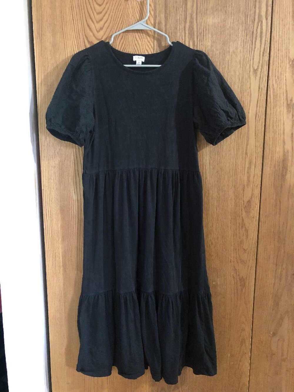 J.Crew Women's Medium Black Puff Sleeve Eyelet Tiered Midi Dress Cottagecore